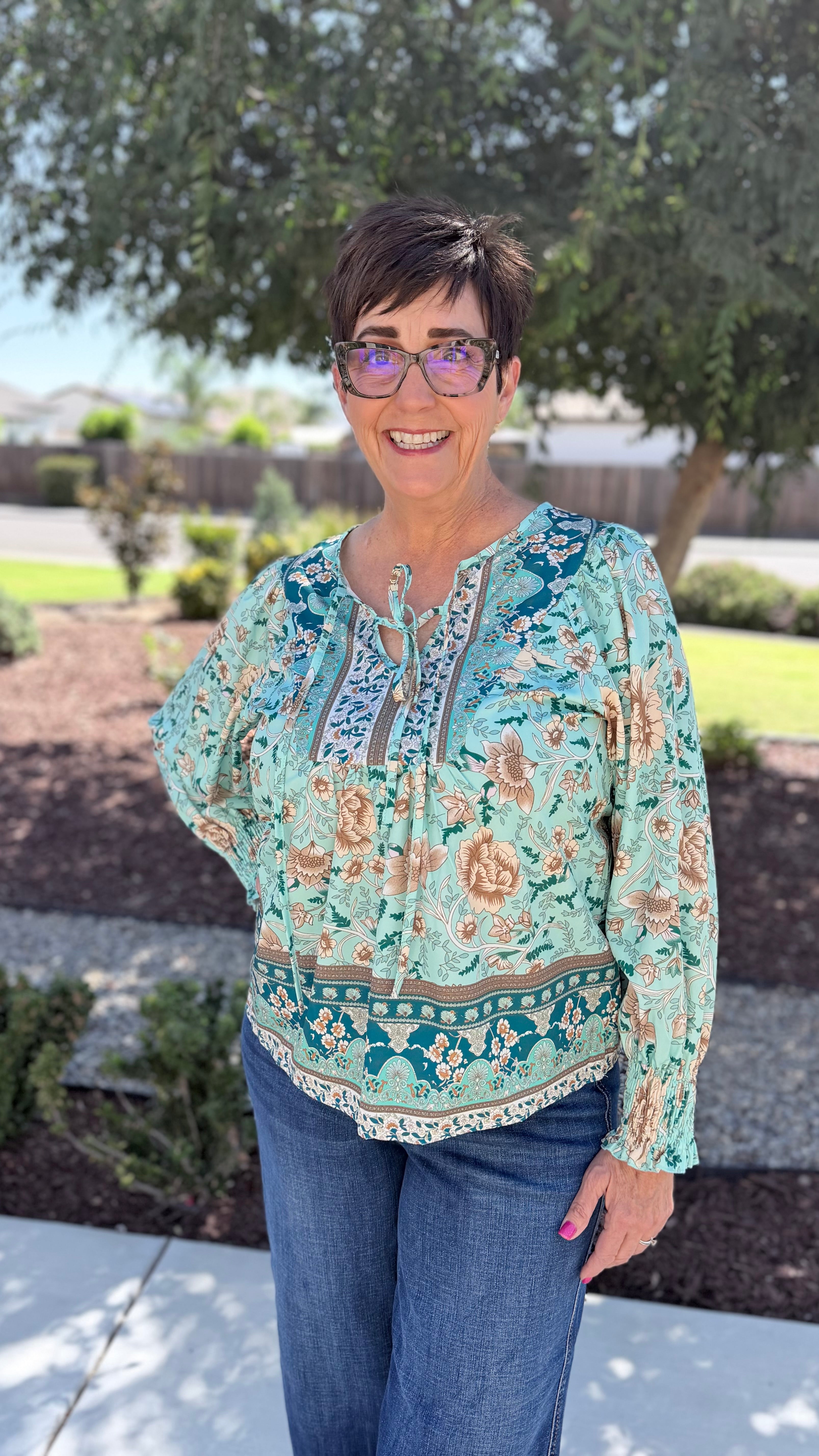 Blue Floral Boho Blouse – Women's Billowy Sleeve Viscose Top