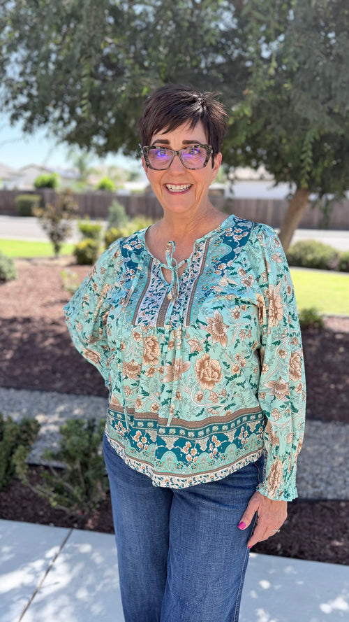 Blue Floral Boho Blouse – Women's Billowy Sleeve Viscose Top