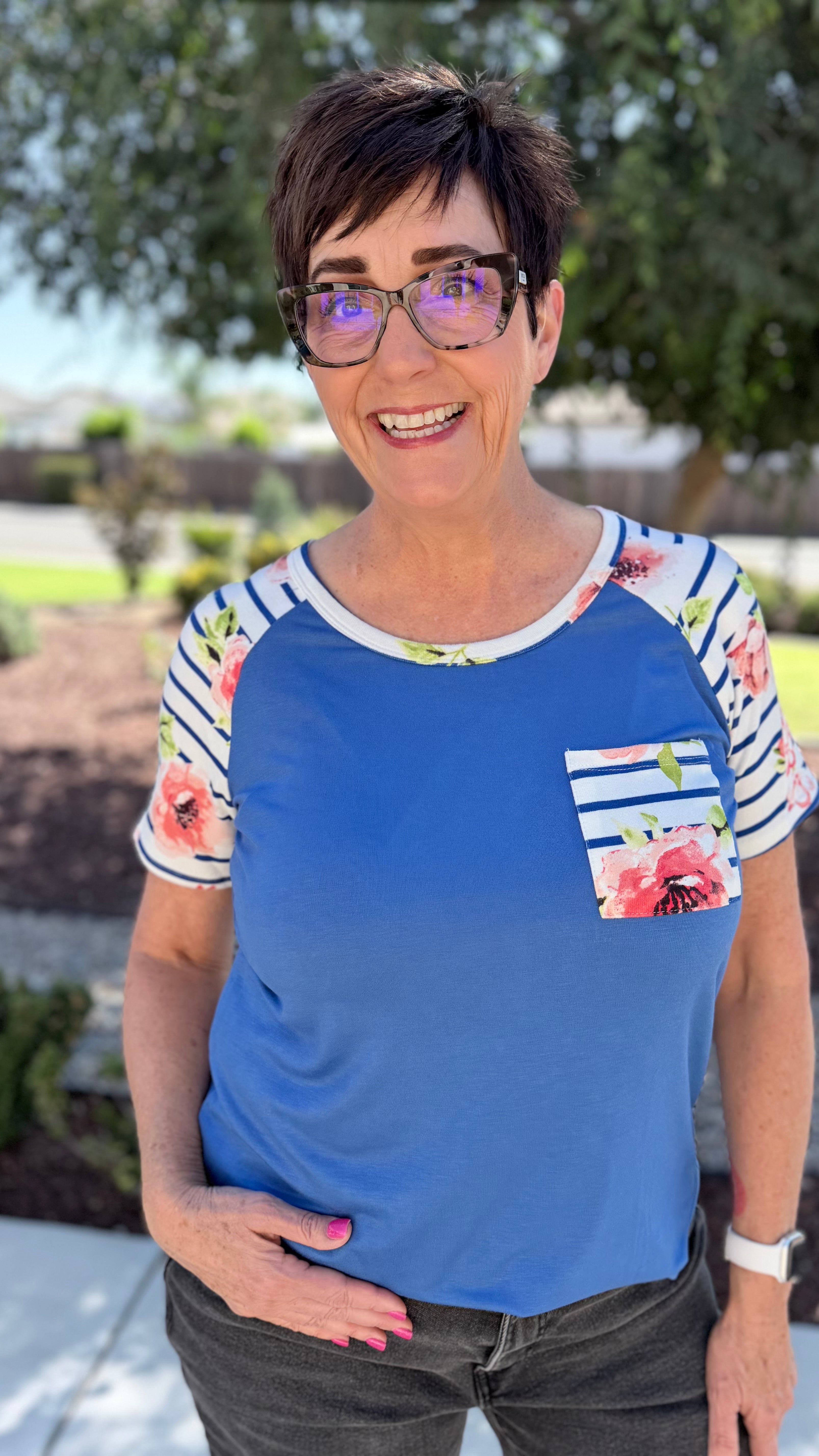 Floral Stripe Contrast Raglan Top