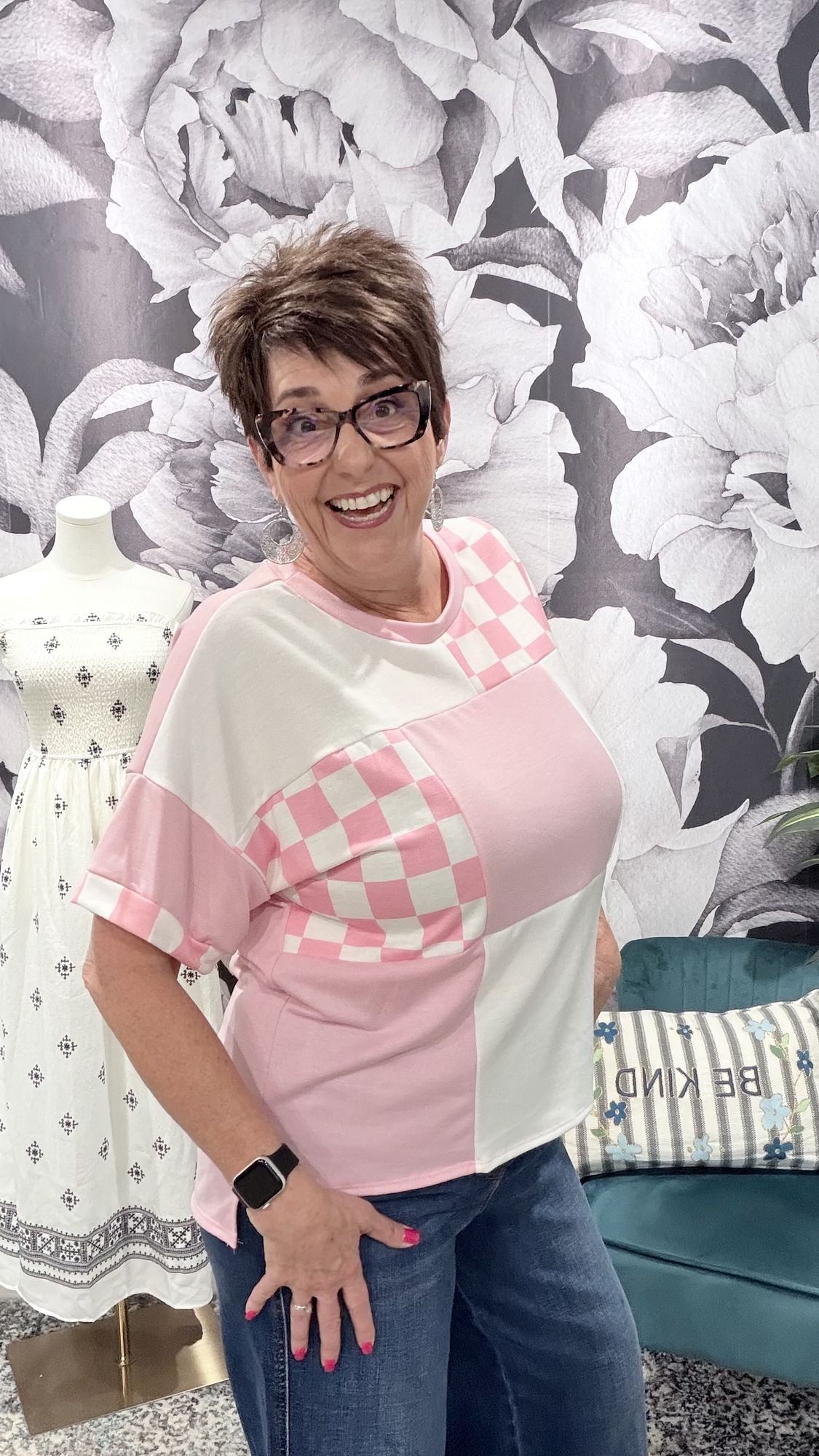 Pink Checkered Patchwork Short Sleeve Top