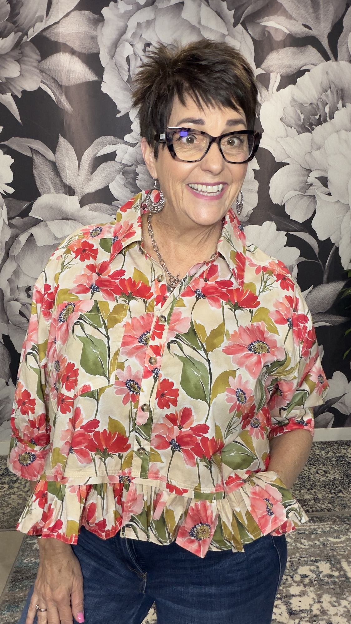 Floral Print Ruffled Hem Button-Up Shirt Top
