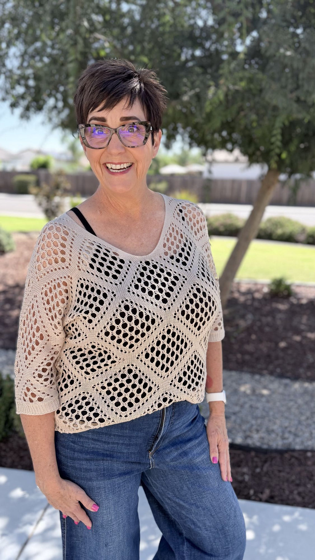 Khaki Crochet Batwing Top – Women's V-Neck Boho Knit Top