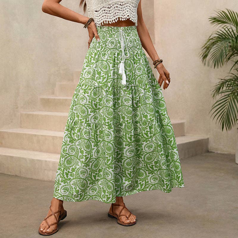 Boho Paisley Print Maxi Skirt — High Waist Split Hem