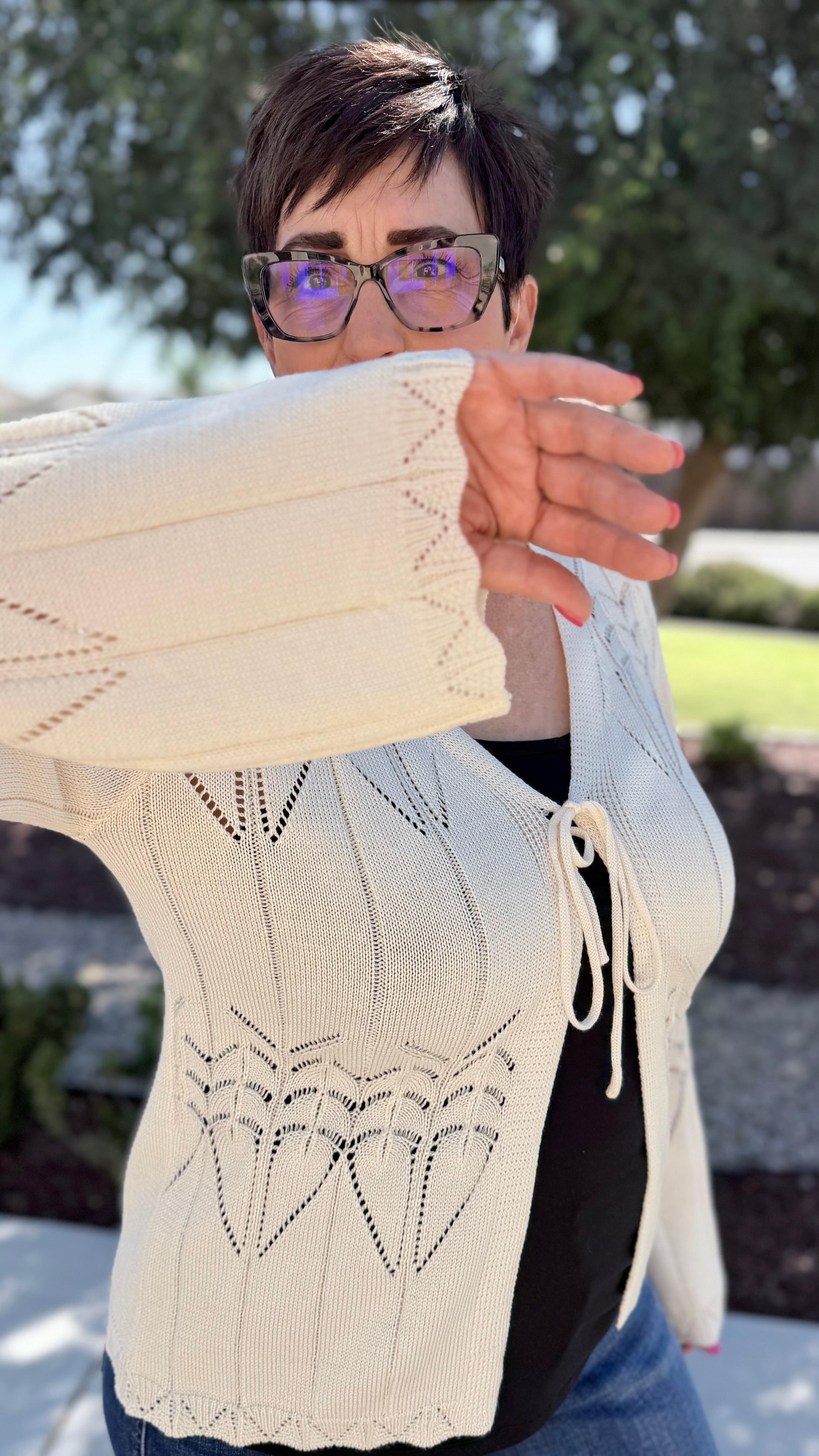 BOHO Crochet Tie Front Cardigan Bell Sleeve Knit Top -