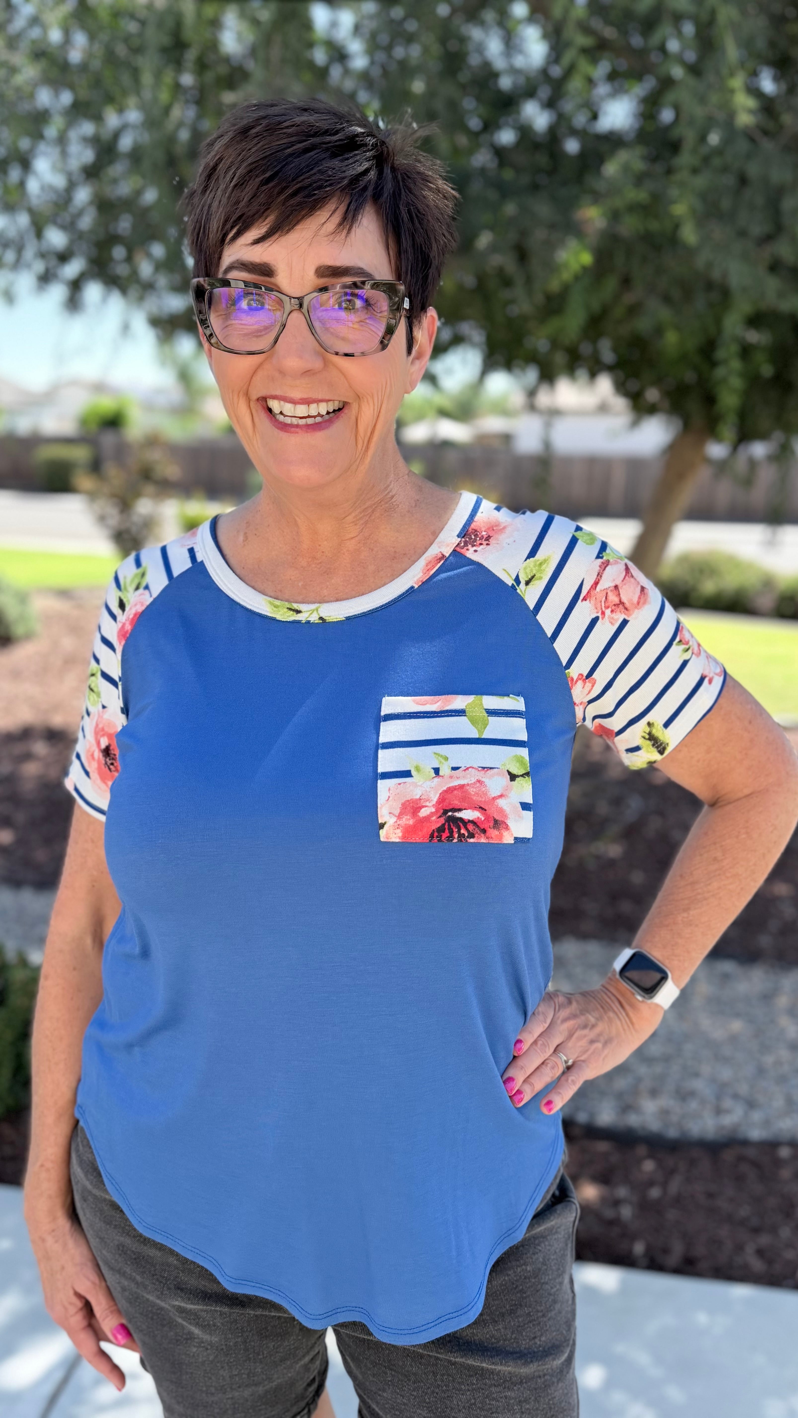 Floral Stripe Contrast Raglan Top