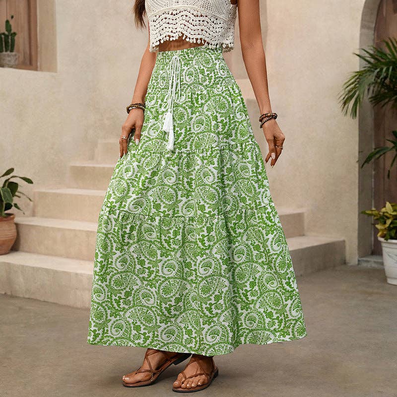 Boho Paisley Print Maxi Skirt — High Waist Split Hem