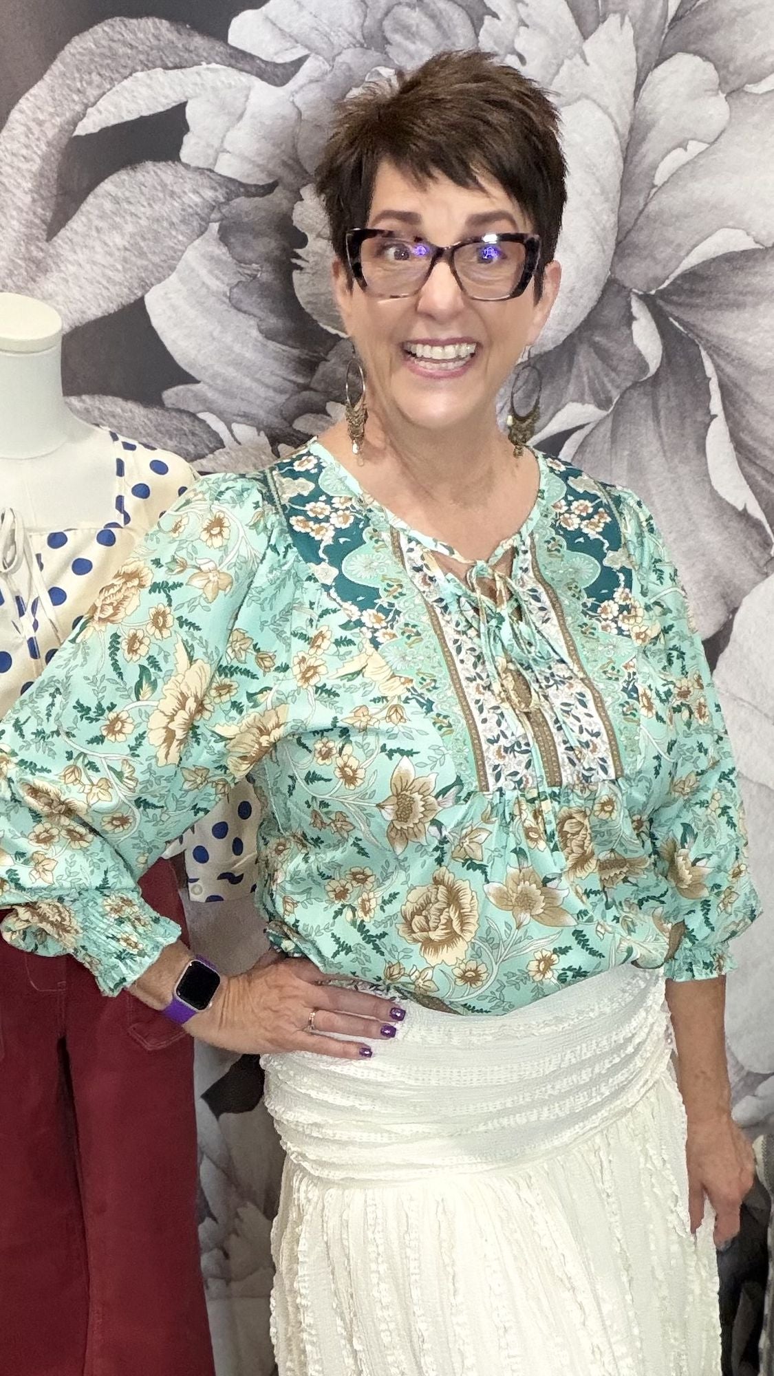 Blue Floral Boho Blouse – Women's Billowy Sleeve Viscose Top