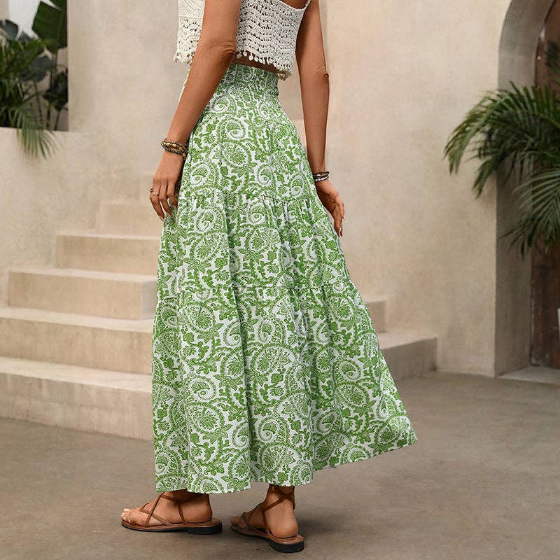 Boho Paisley Print Maxi Skirt — High Waist Split Hem