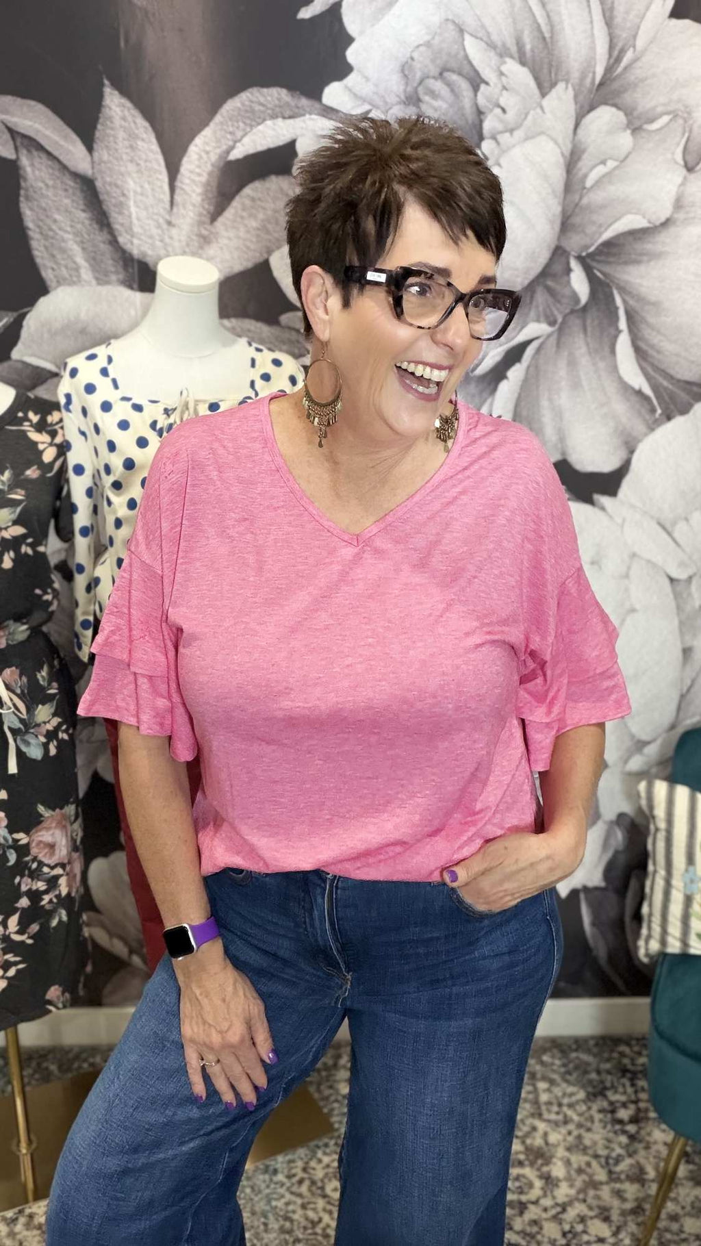Ruffle Sleeve V-Neck Top — Women's Loose Fit Boutique Top