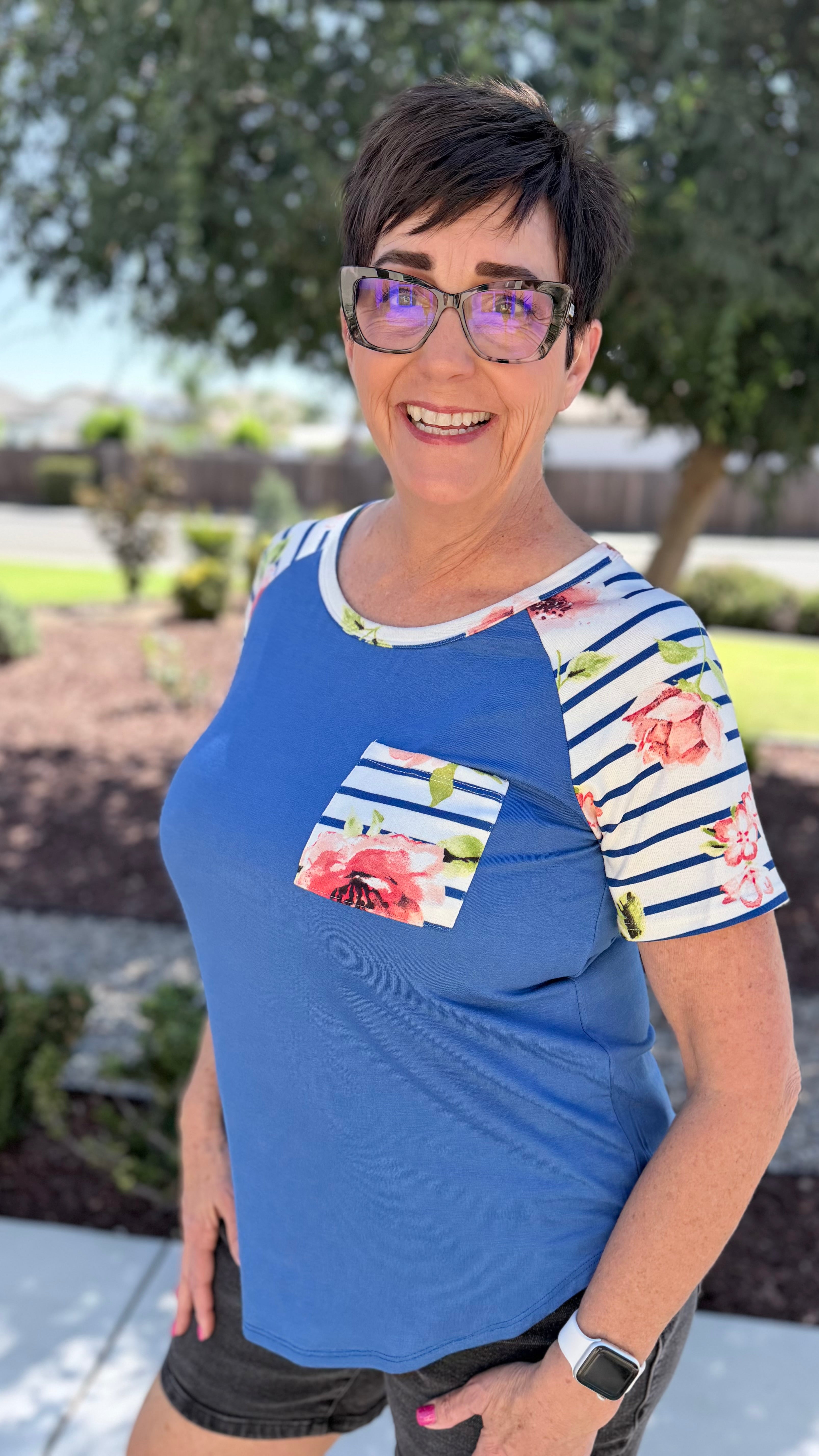 Floral Stripe Contrast Raglan Top