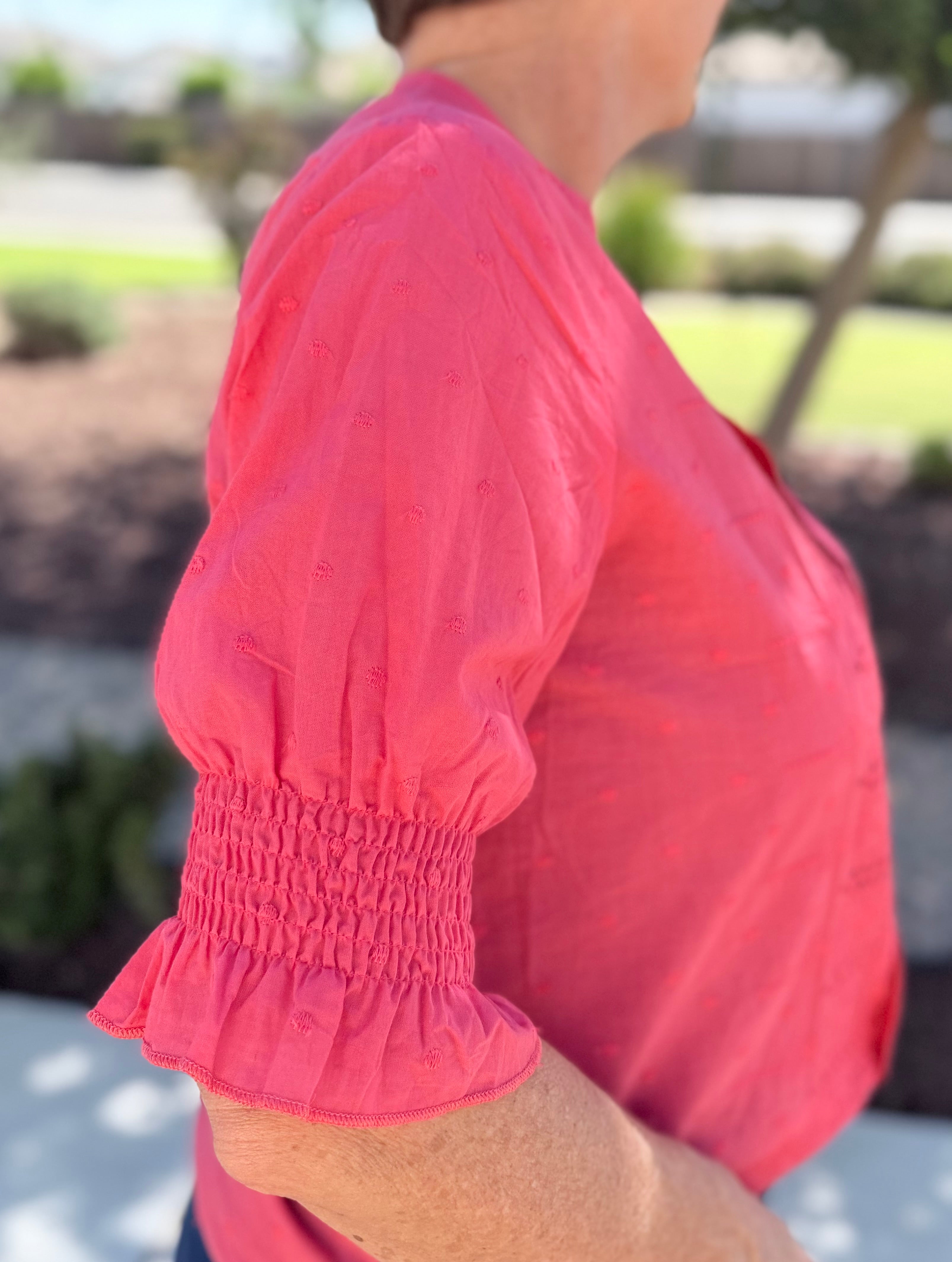Eyelet Boho Blouse — Split V-Neck Puff Sleeve Top