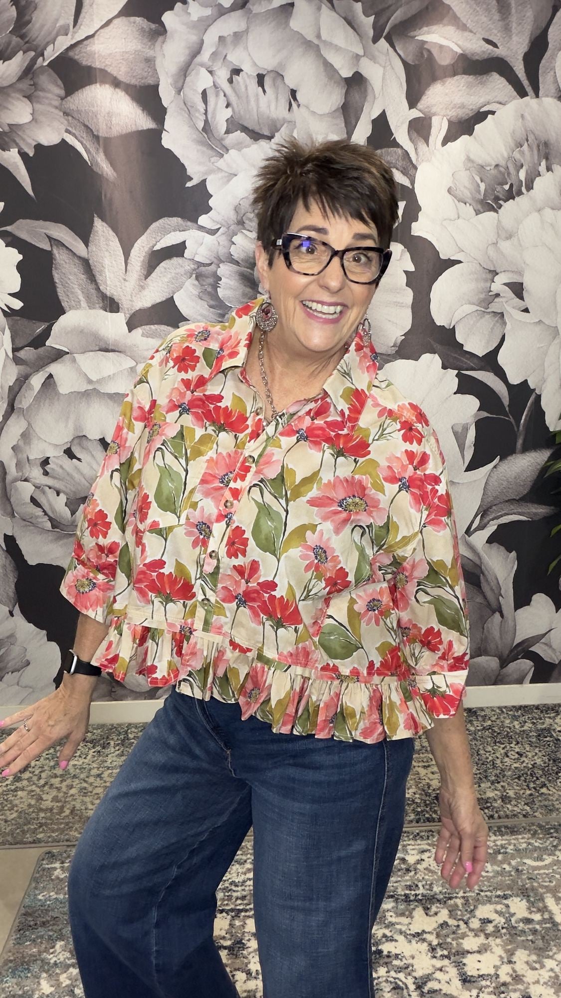 Floral Print Ruffled Hem Button-Up Shirt Top