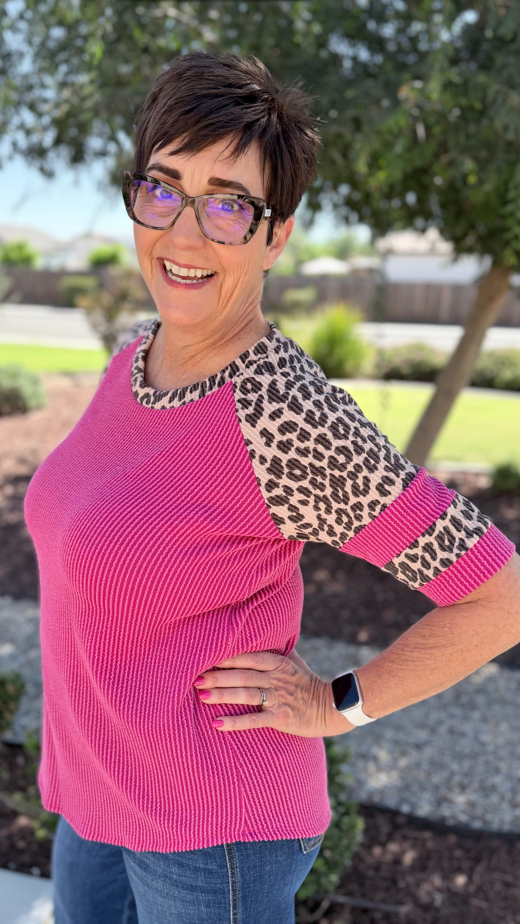 Rib-Knit Animal Print Contrast Top
