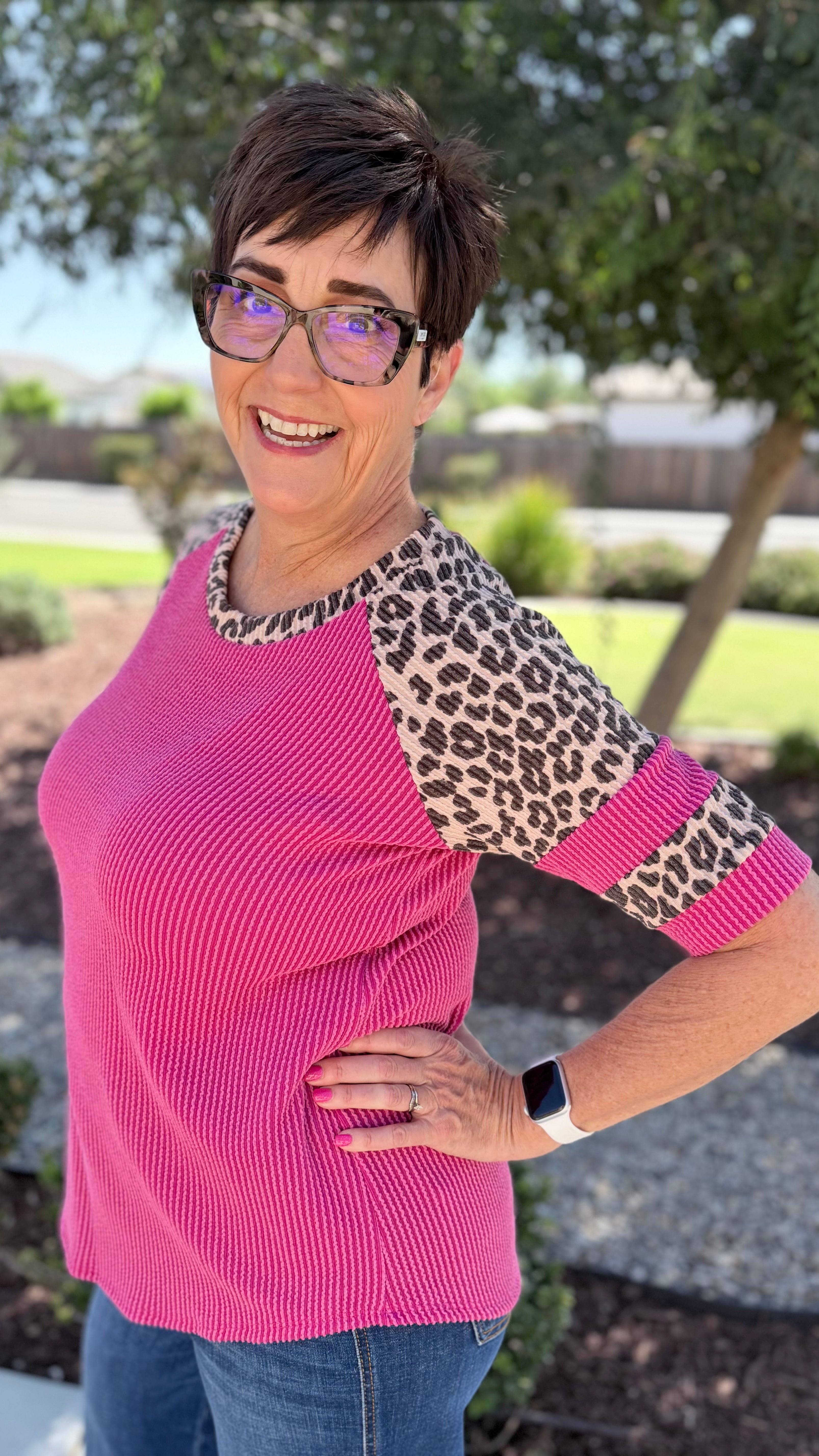 Rib-Knit Animal Print Contrast Top
