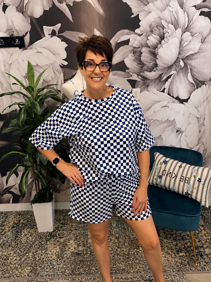 Blue Checkerboard Lounge Set – Women's Two-Piece Matching Set