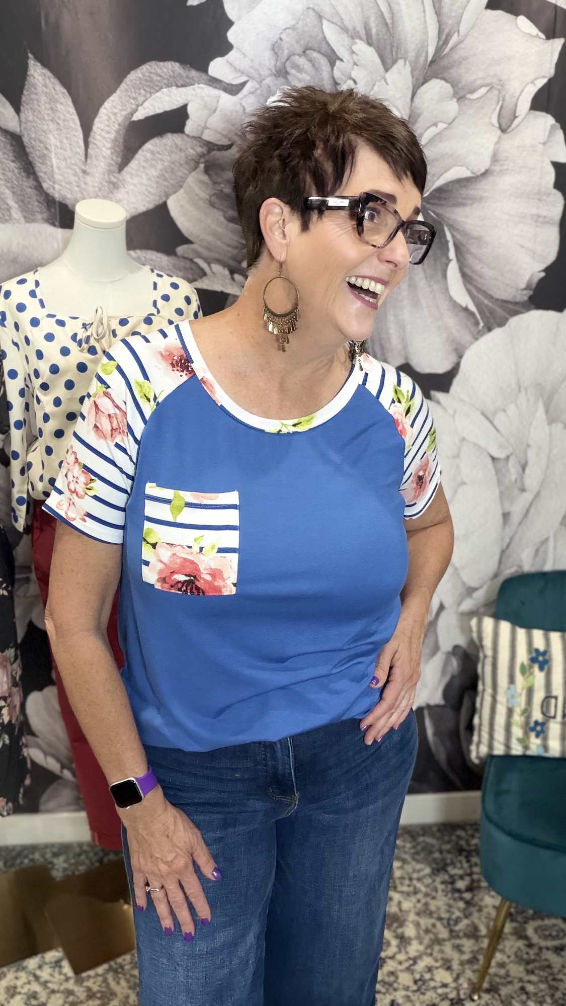 Floral Stripe Contrast Raglan Top