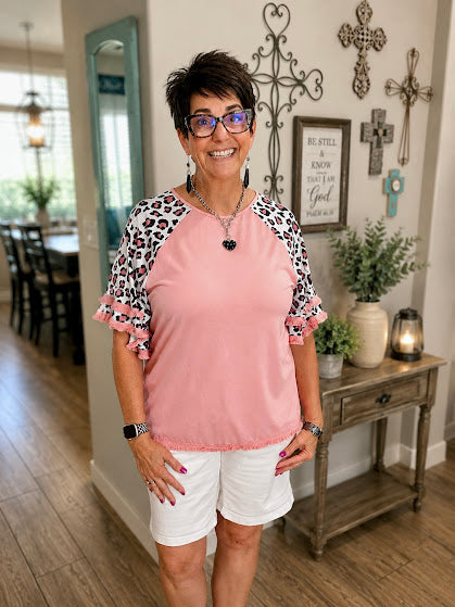 Peach Round Neck Lace Ruffle Sleeve T-shirt