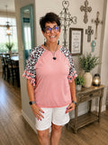 Peach Round Neck Lace Ruffle Sleeve T-shirt