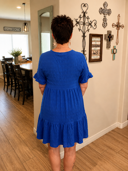 Women Ruffle Sleeve A Line Tiered Flowy Casual Trendy Mini Dress - Blue