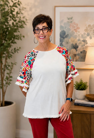 White Round Neck Lace Ruffle Sleeve T-shirt