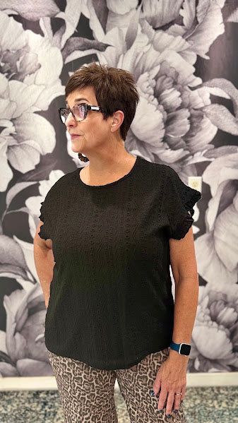 Solid Color Crewneck Sweet Short-Sleeve Hollow-Out Top - Black