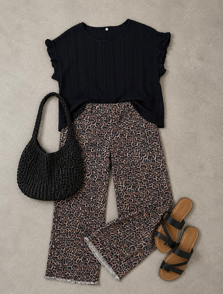 Solid Color Crewneck Sweet Short-Sleeve Hollow-Out Top - Black