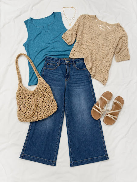 Khaki Crochet Batwing Top – Women's V-Neck Boho Knit Top