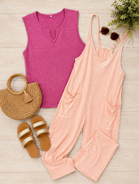 Ribbed Sleeveless Jumpsuit With Pockets / Pink