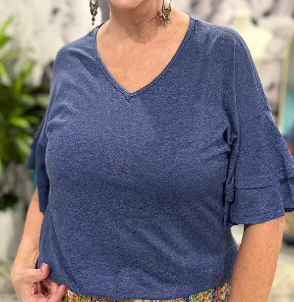 Ruffle Sleeve V-Neck Top — Women's Loose Fit Boutique Top