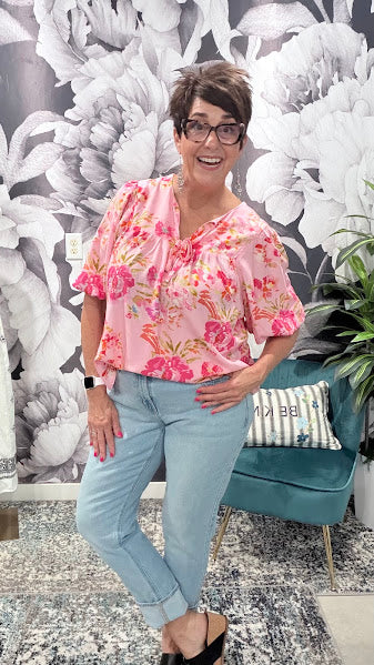 Floral V Neck Regular Knot Shift Half Sleeve Blouse