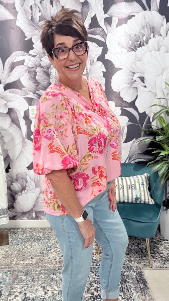 Floral V Neck Regular Knot Shift Half Sleeve Blouse
