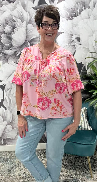 Floral V Neck Regular Knot Shift Half Sleeve Blouse