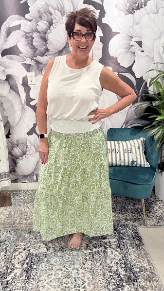 Boho Paisley Print Maxi Skirt — High Waist Split Hem
