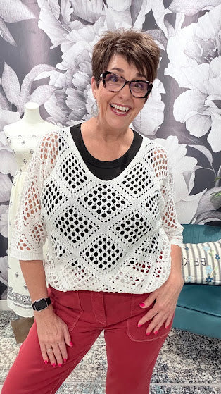 White Crochet Batwing Top – Women's V-Neck Boho Knit Top