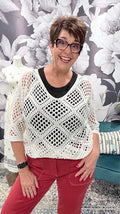 White Crochet Batwing Top – Women's V-Neck Boho Knit Top