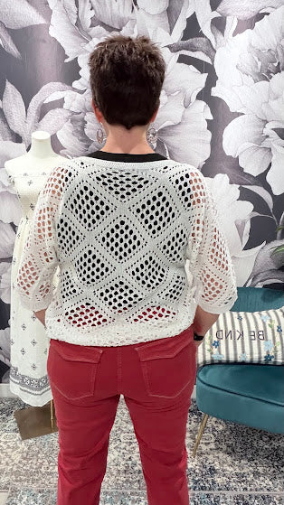 White Crochet Batwing Top – Women's V-Neck Boho Knit Top