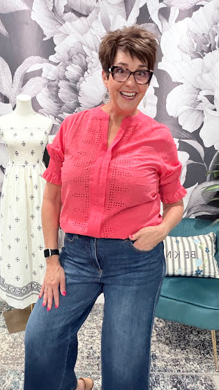 Eyelet Boho Blouse — Split V-Neck Puff Sleeve Top