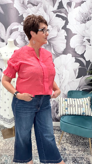 Eyelet Boho Blouse — Split V-Neck Puff Sleeve Top