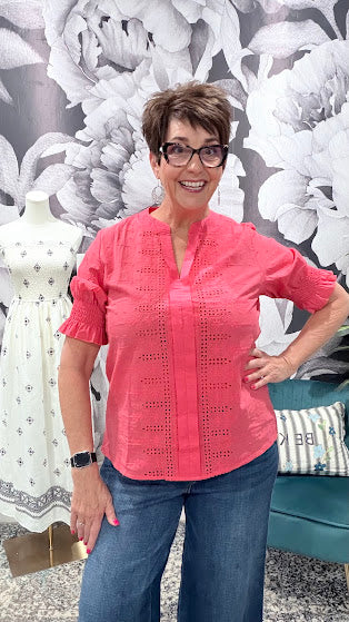 Eyelet Boho Blouse — Split V-Neck Puff Sleeve Top