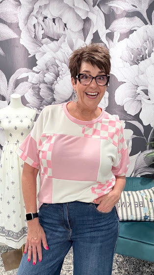 Pink Checkered Patchwork Short Sleeve Top