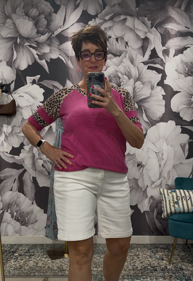 Rib-Knit Animal Print Contrast Top