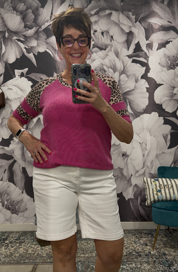 Rib-Knit Animal Print Contrast Top