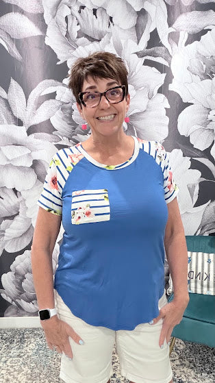 Floral Stripe Contrast Raglan Top