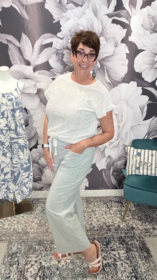 Sky Blue Stripe Wide Leg Jeans with Drawstring Waist