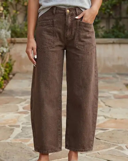 Coffee Solid Color Square Patch Pocket Ankle-length Barrel Jeans