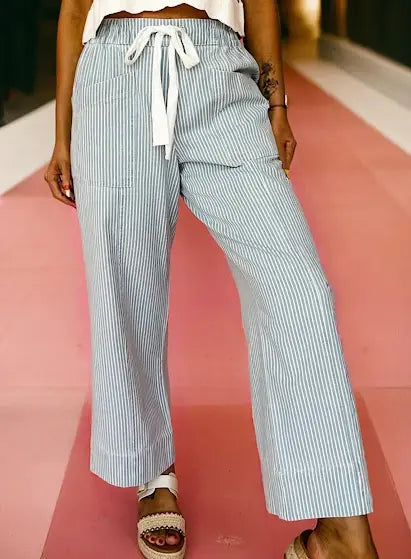 Sky Blue Stripe Wide Leg Jeans with Drawstring Waist