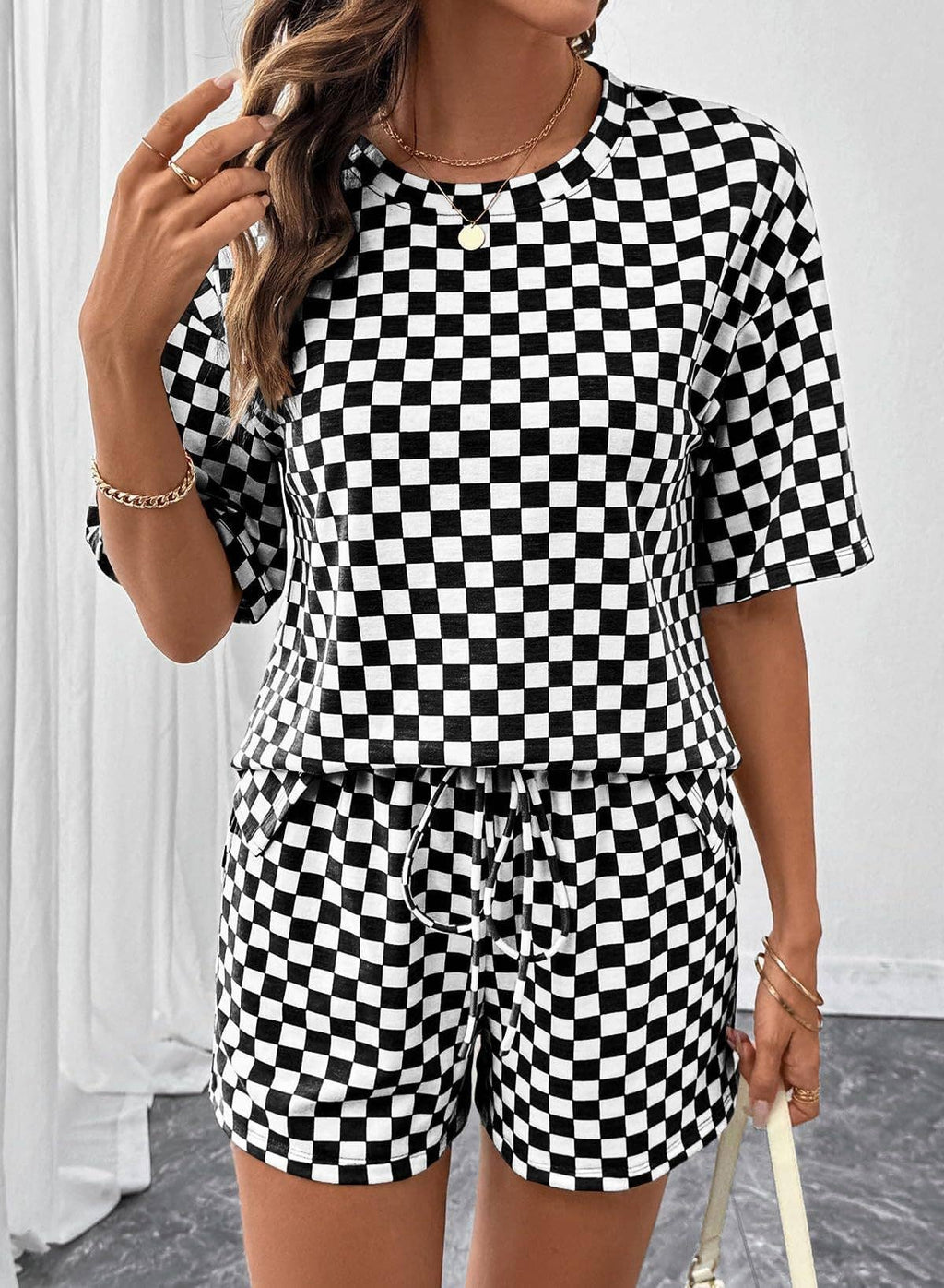 Black Checkerboard Lounge Set – Women's Two-Piece Matching Set