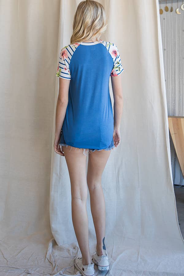 Floral Stripe Contrast Raglan Top