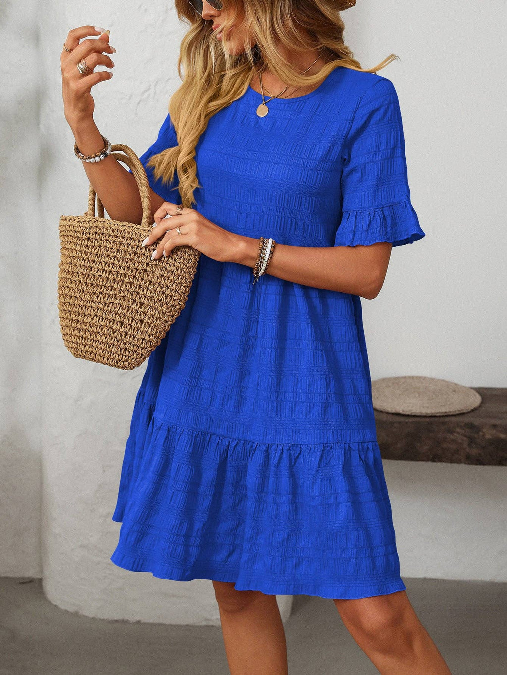 Women Ruffle Sleeve A Line Tiered Flowy Casual Trendy Mini Dress - Blue