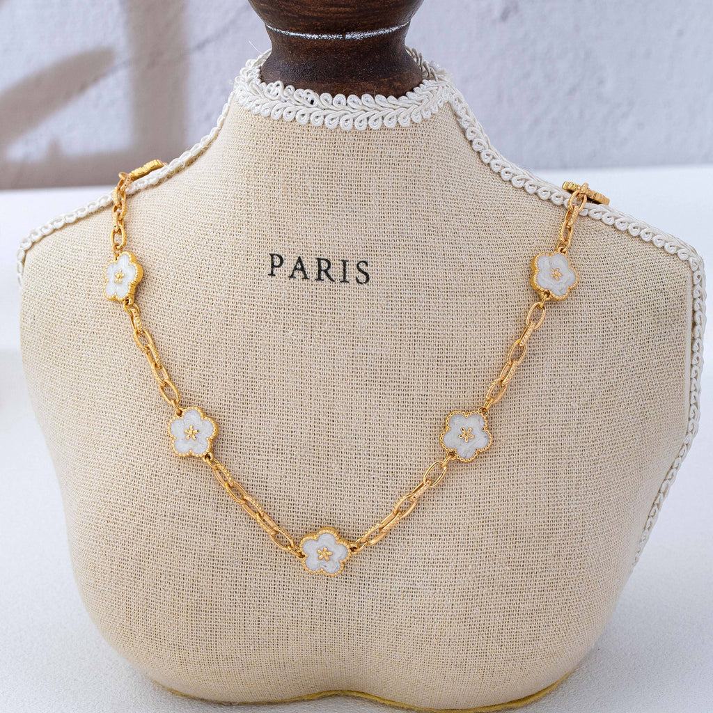 Vintage Floral Station Necklace – White Enamel & Gold
